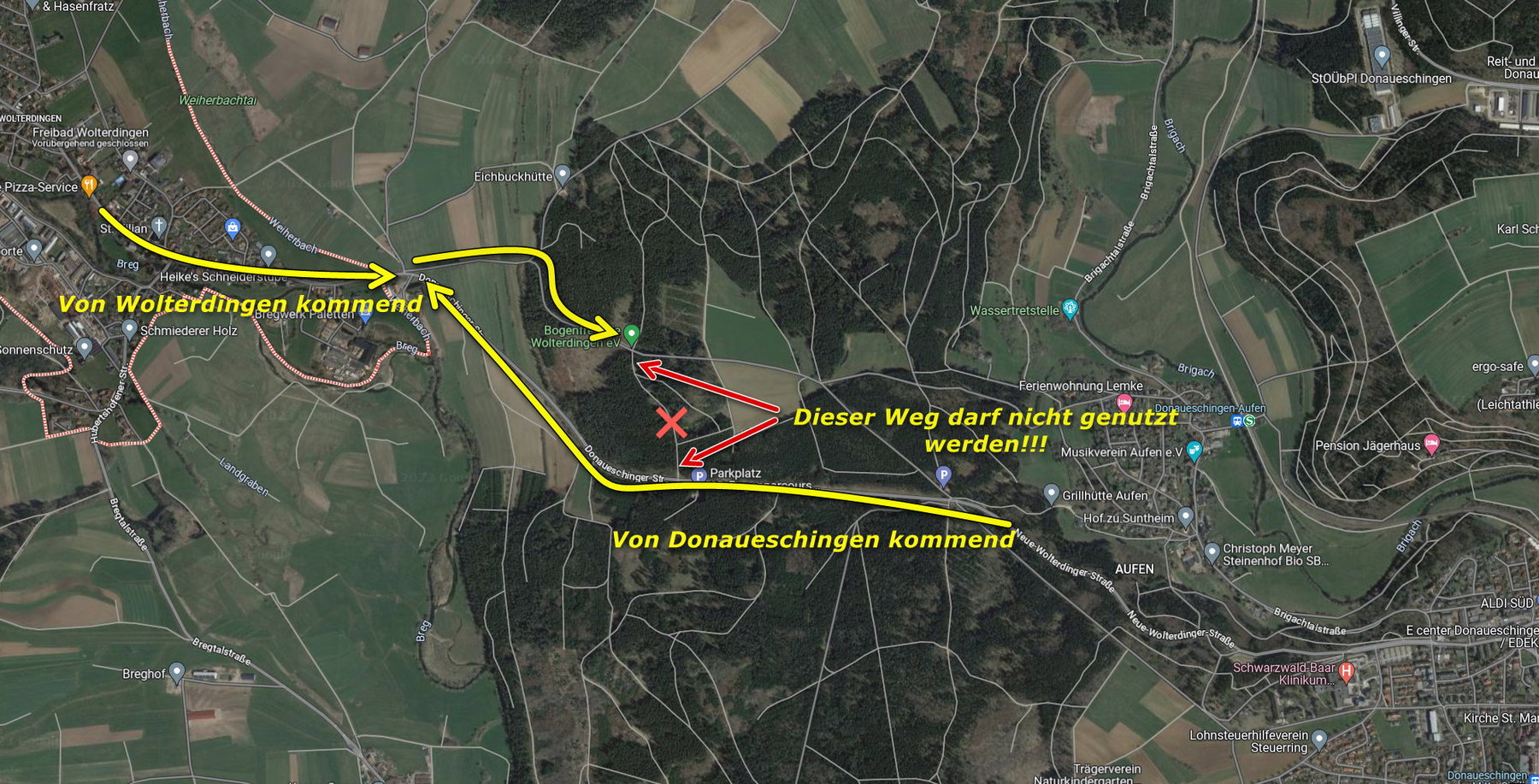 Anfahrtskarte zum Parcours — gelbem Weg folgen, rotes X ist der Einstieg